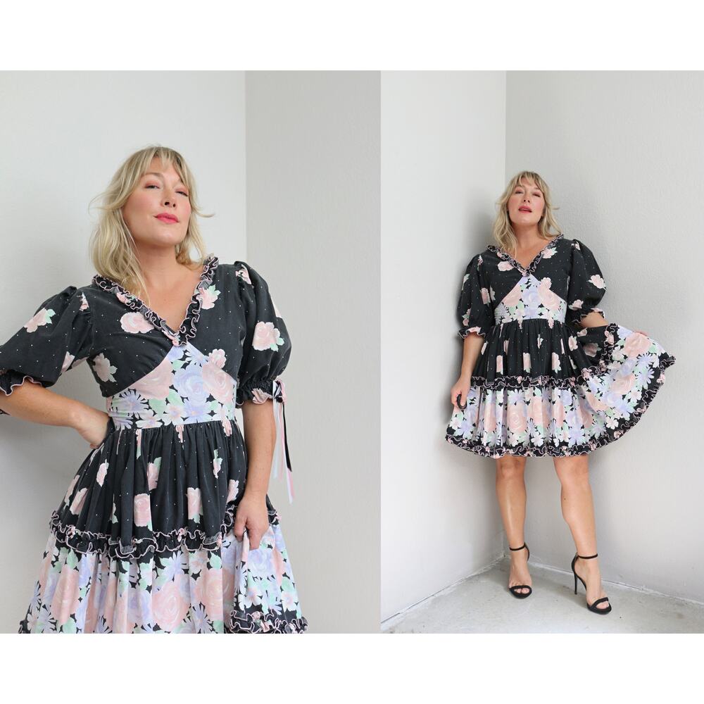 1980's Vintage Dark Florals Square Line Dance Western Dress ~ Women's XS SM MD